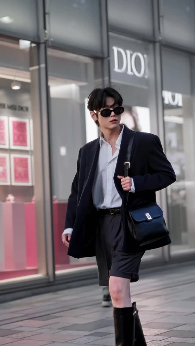Man in black blazer, white shirt, black shorts and black boots walking outdoors.