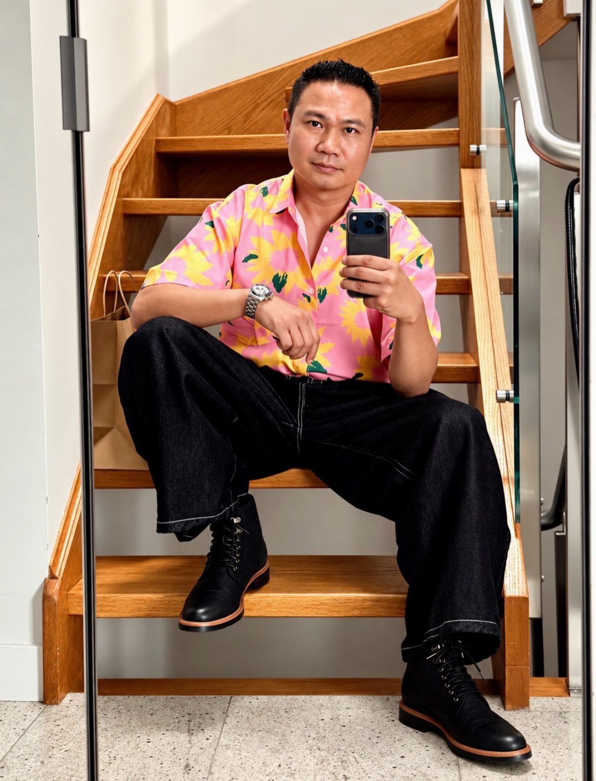 Man in pink floral shirt and black jeans wearing black leather boots.
