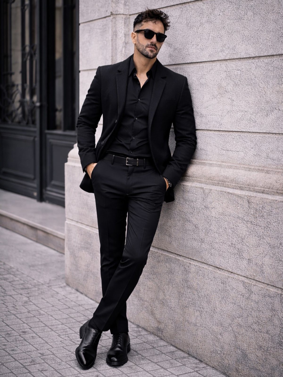 Man in a black suit and leather dress shoes leaning against stone wall