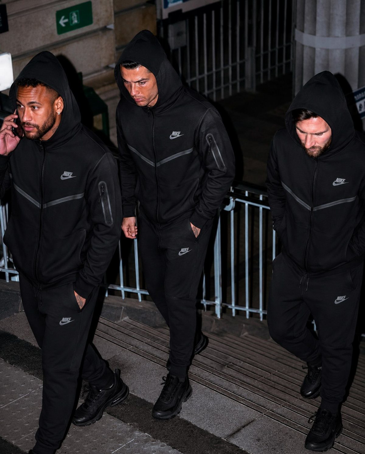 Three men in black Nike hoodies, joggers, and black sneakers walking down stairs.