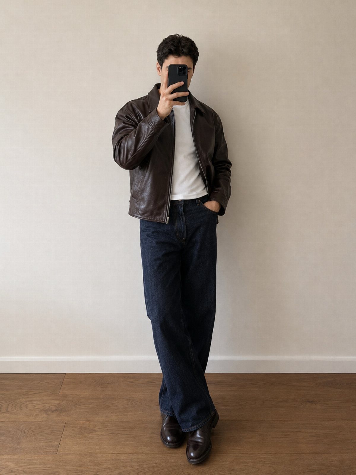 Man wearing brown leather jacket, white t-shirt, dark blue jeans, and brown boots.
