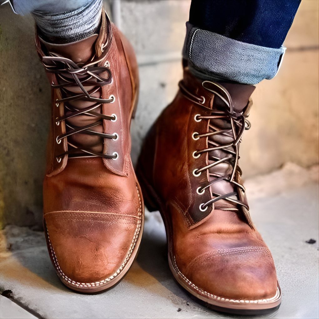 Brown leather lace-up boots paired with cuffed blue denim jeans on stone ground