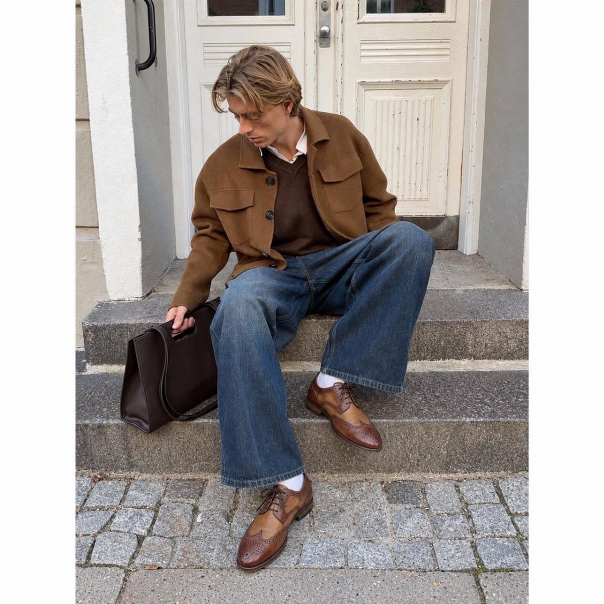 Man wearing brown leather oxfords and blue jeans sitting on stone steps
