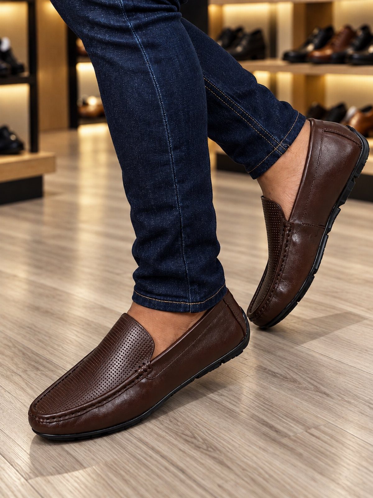 Dark brown leather loafers paired with dark blue denim jeans on wooden flooring.