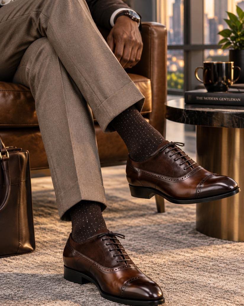 Dark brown leather oxford shoes paired with grey dress pants and patterned socks.