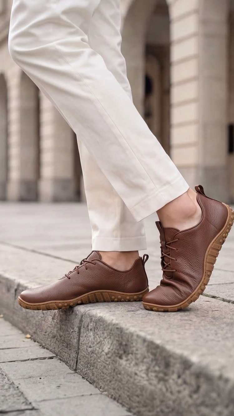Brown leather lace-up shoes paired with white trousers on a stone sidewalk.