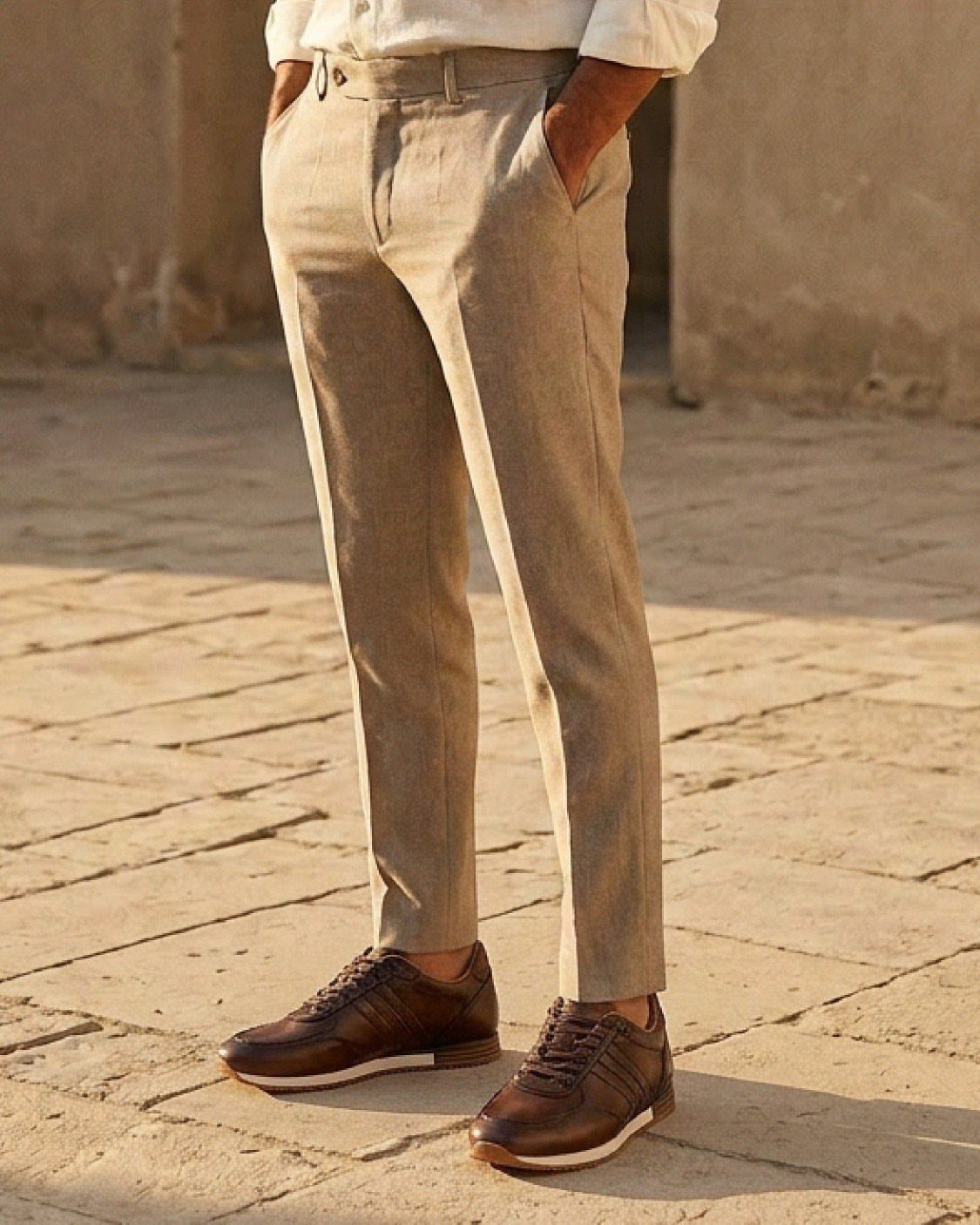 Man wearing beige linen trousers and dark brown leather sneakers on stone pavement.