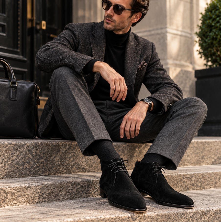 Man in a grey blazer and trousers wearing black suede chukka boots.