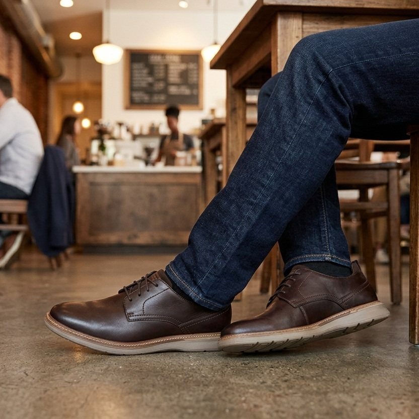 Brown leather derby shoes paired with dark blue denim jeans in a cafe.