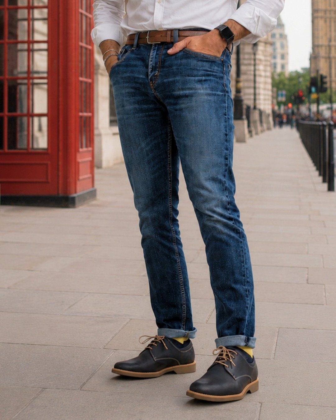 Man wearing blue jeans and dark brown leather derby shoes on a city sidewalk.