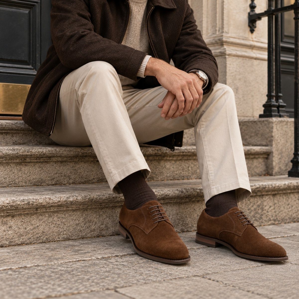 Brown suede derby shoes worn with beige trousers and a brown jacket.