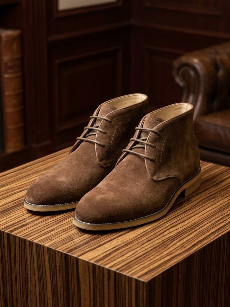 Brown suede chukka boots on a striped wooden table in a study.