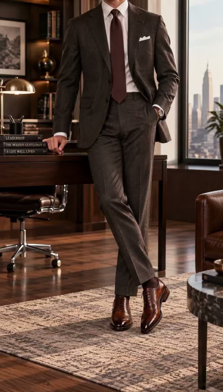Man in a grey suit wearing polished brown leather classic oxford dress shoes.
