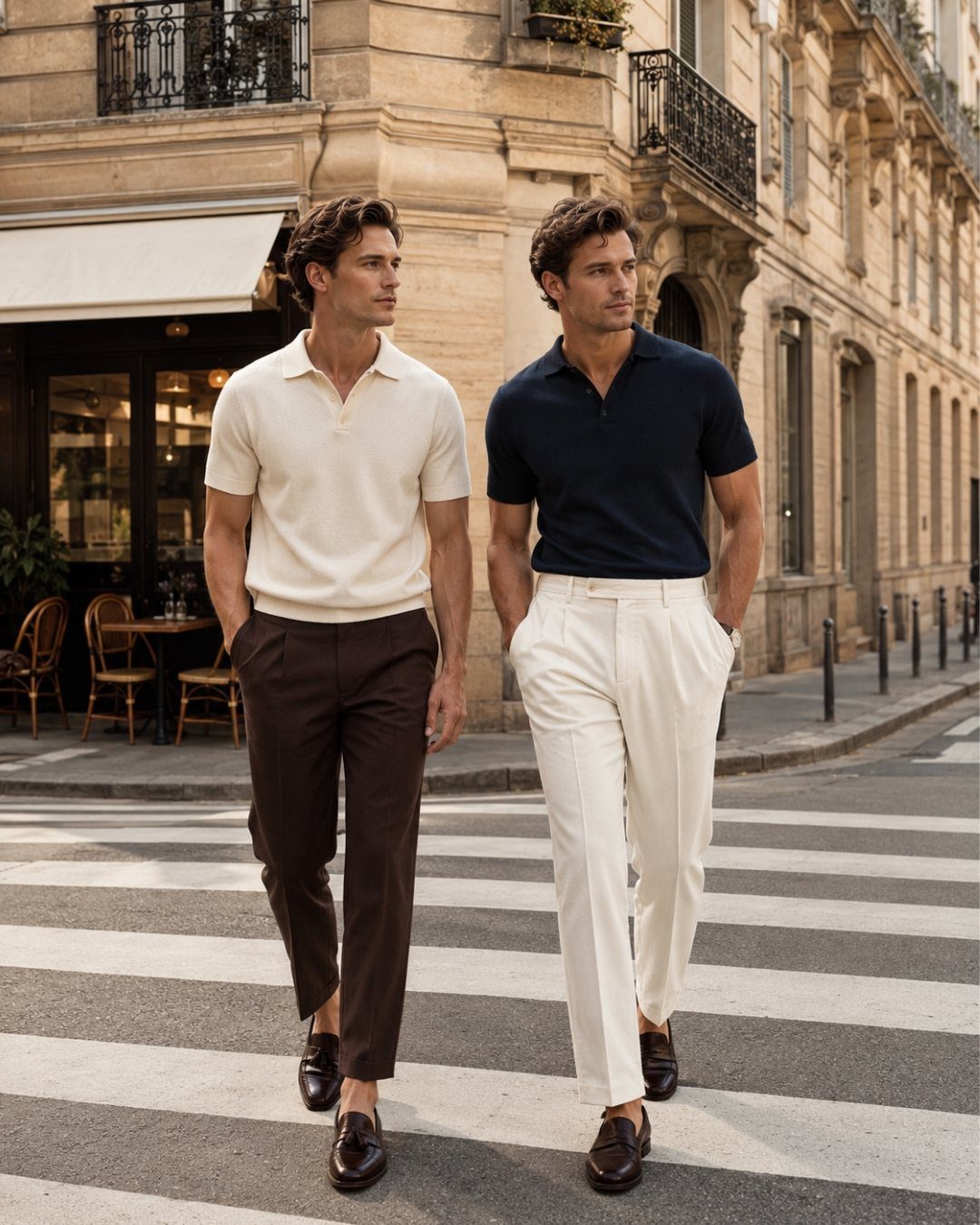 Two men in polo shirts and trousers wearing brown leather boat shoes walking.