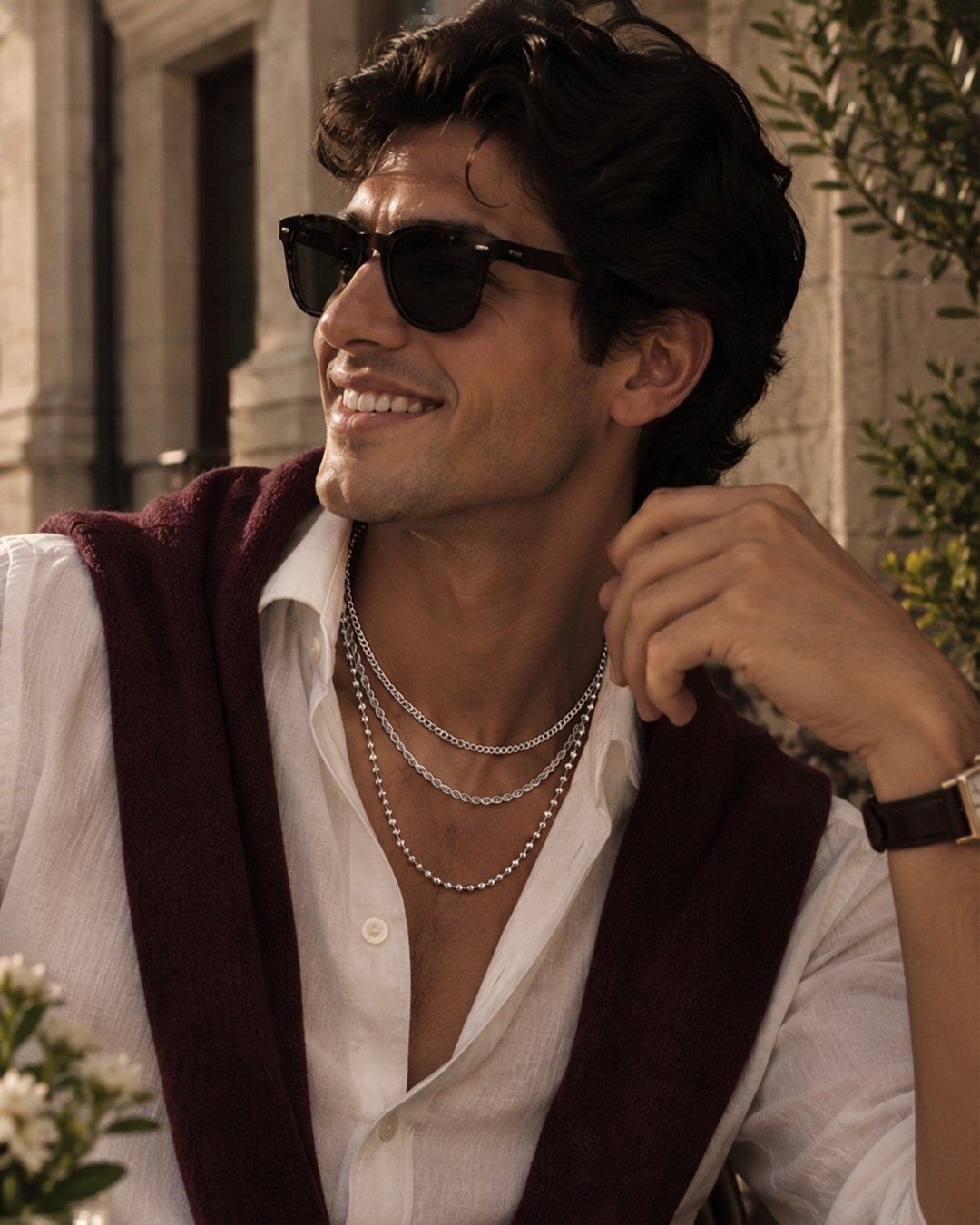 Man wearing three layered silver necklaces with a white shirt and burgundy vest.