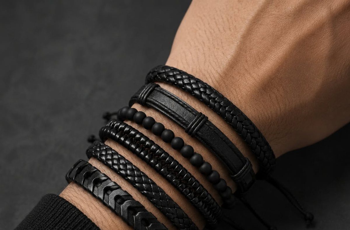 Man's wrist wearing a stack of various black leather and beaded bracelets.