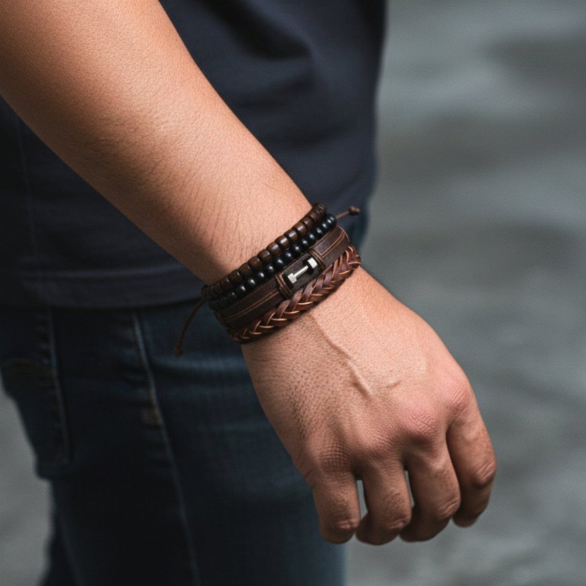 Man's wrist wearing a stack of brown leather and beaded bracelets.