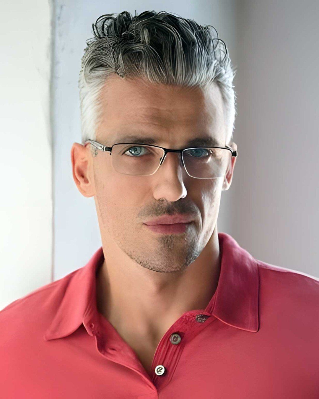 Man with silver hair wearing rectangular black glasses and a red shirt.