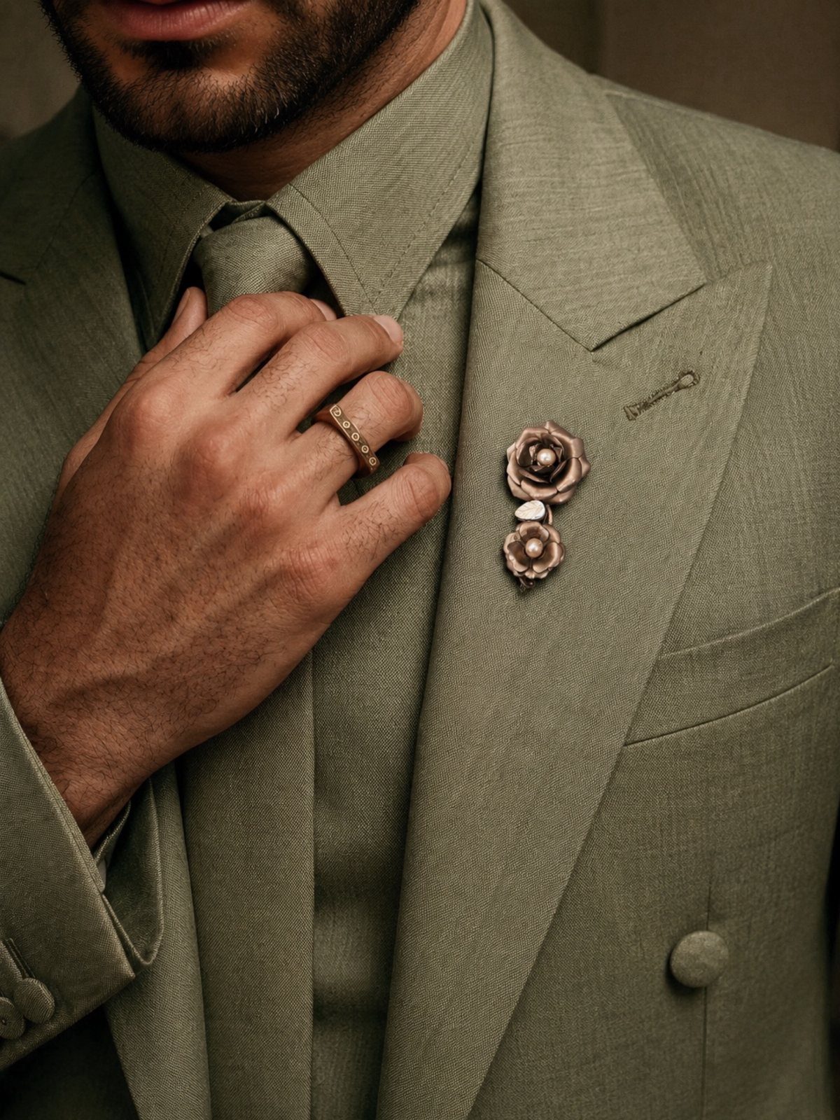 Man in sage green suit wearing gold rose lapel pins and a gold ring