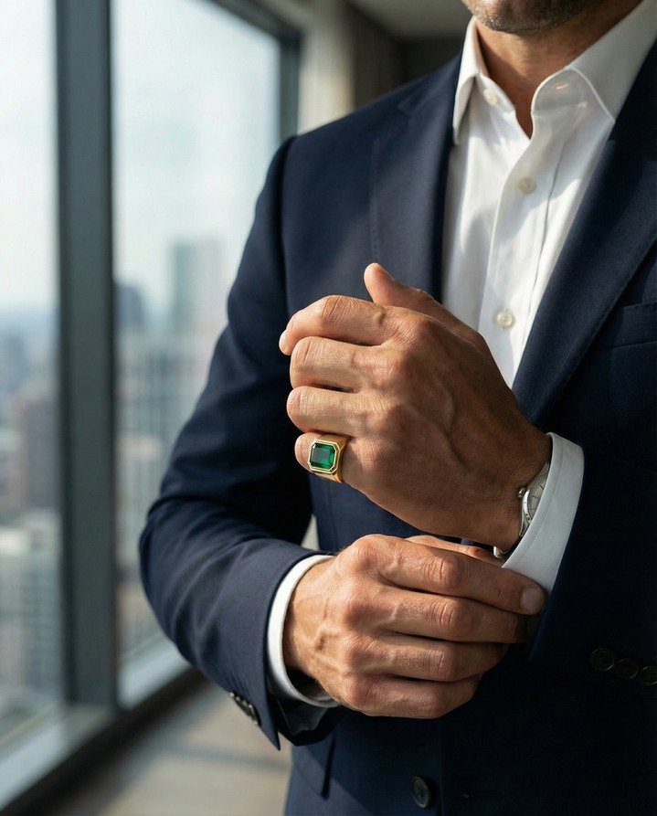 Man in a navy suit wearing a gold ring with a green gemstone
