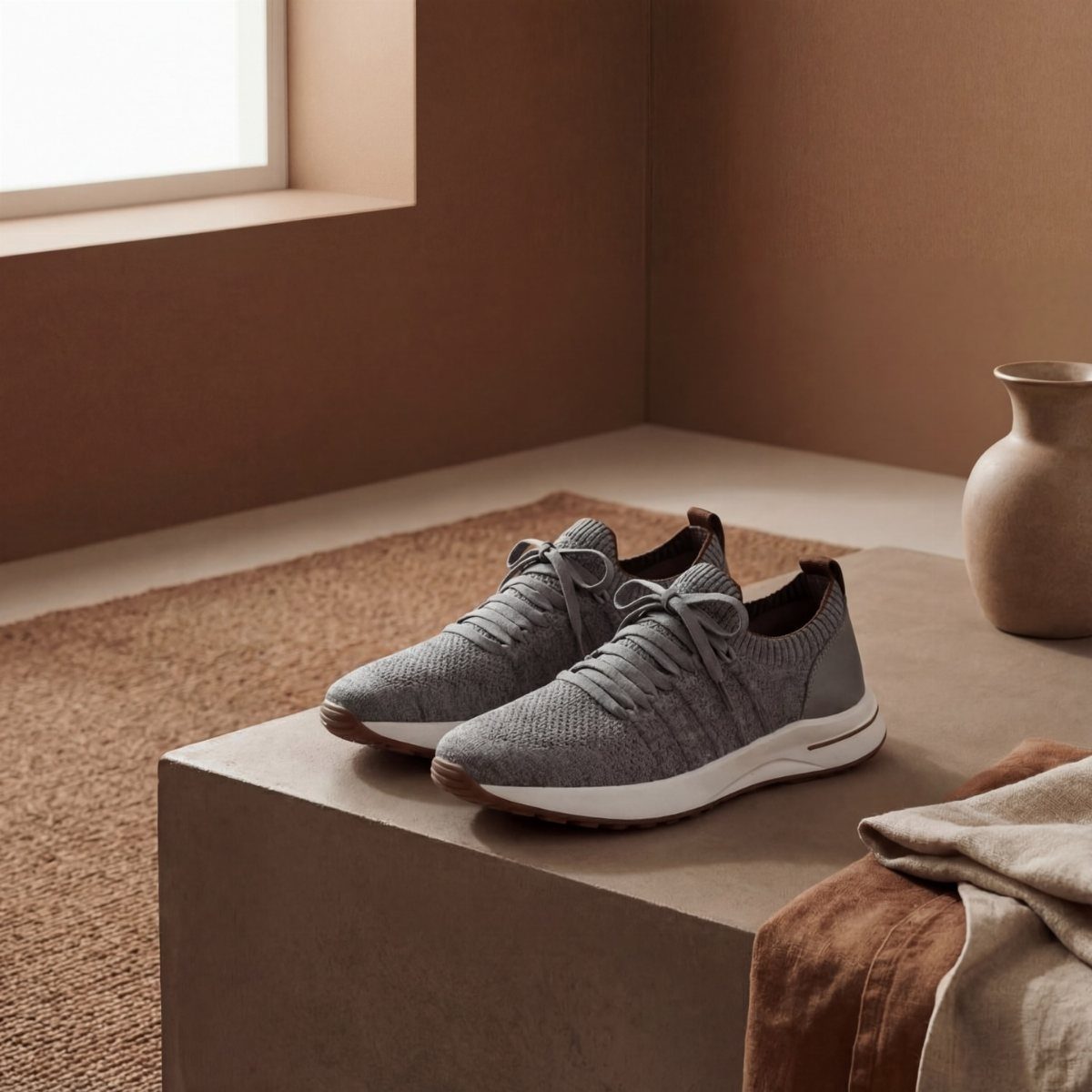 Grey knitted sneakers with white soles on a concrete plinth in a minimalist room.
