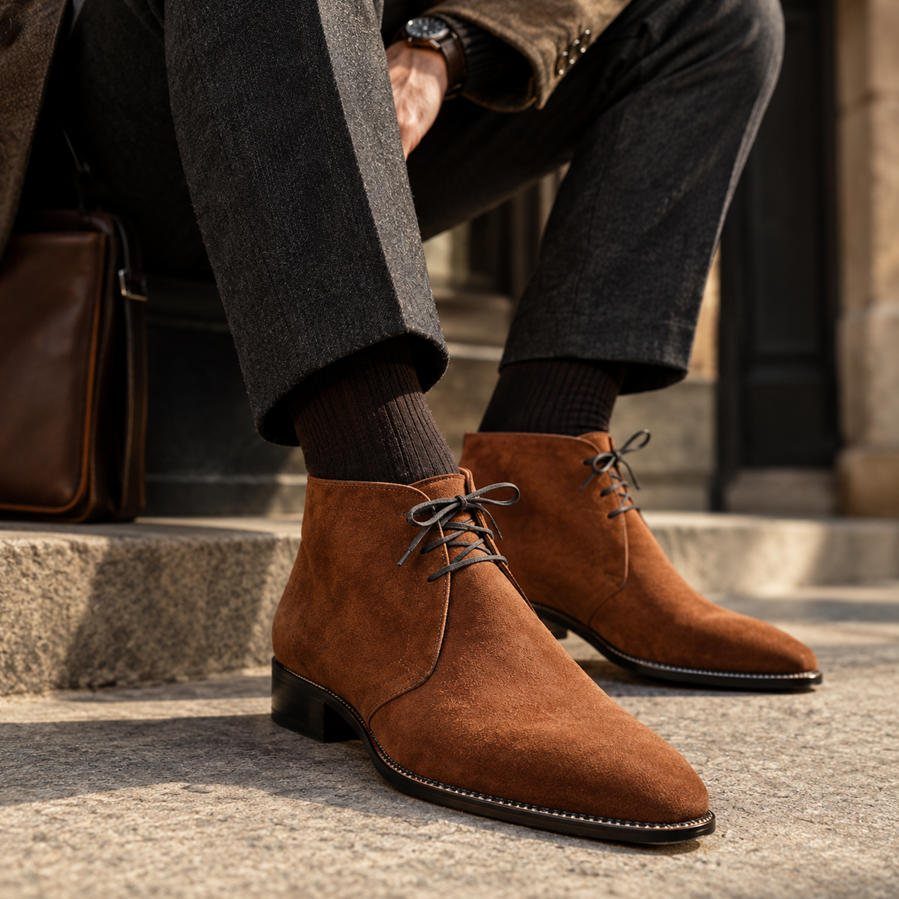 Brown suede chukka boots worn with grey trousers and dark socks on stone steps.