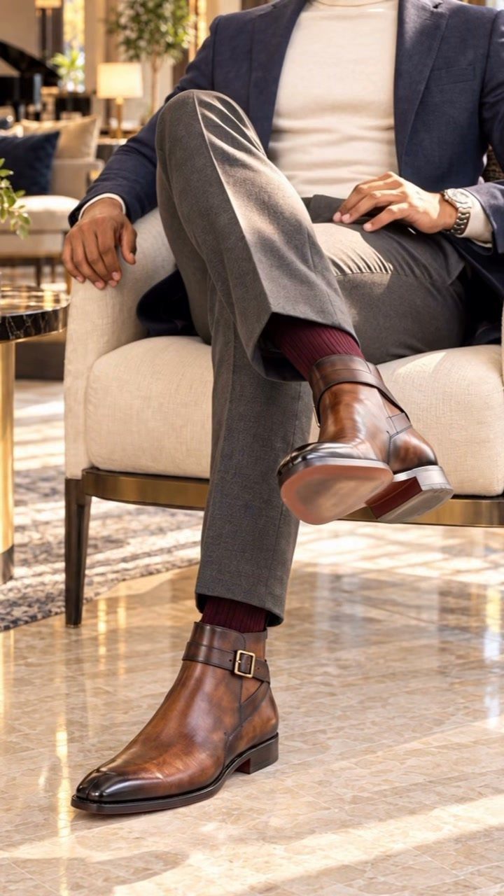 Brown leather monk-strap boots worn with grey trousers and a navy blazer.