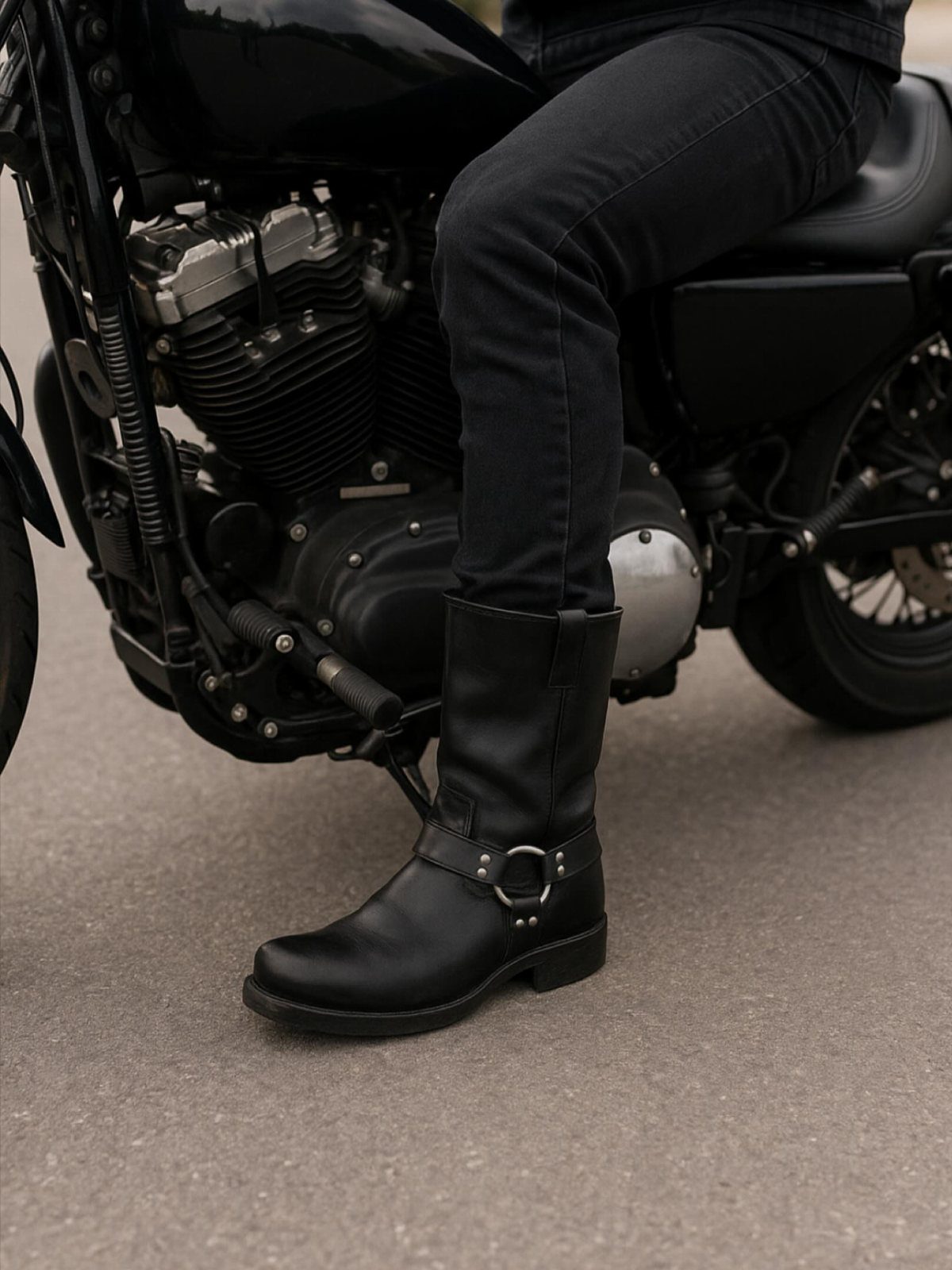 Black leather motorcycle boots with buckle straps worn by a person on a bike.