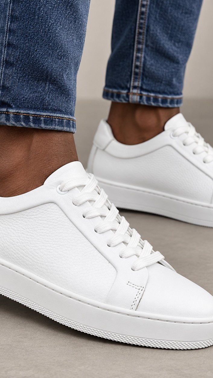 White minimalist leather sneakers worn with blue denim jeans on a grey background