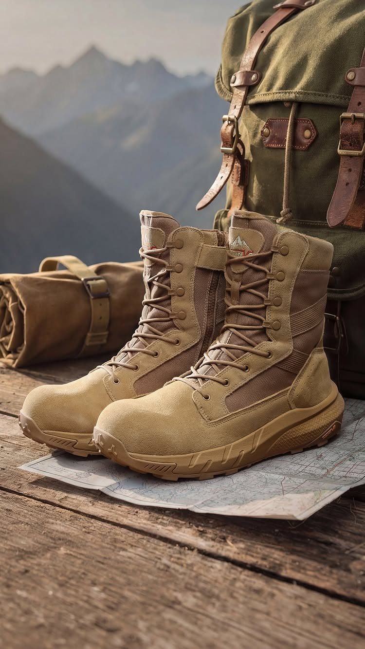 Tan suede tactical boots on a map with a green canvas backpack.