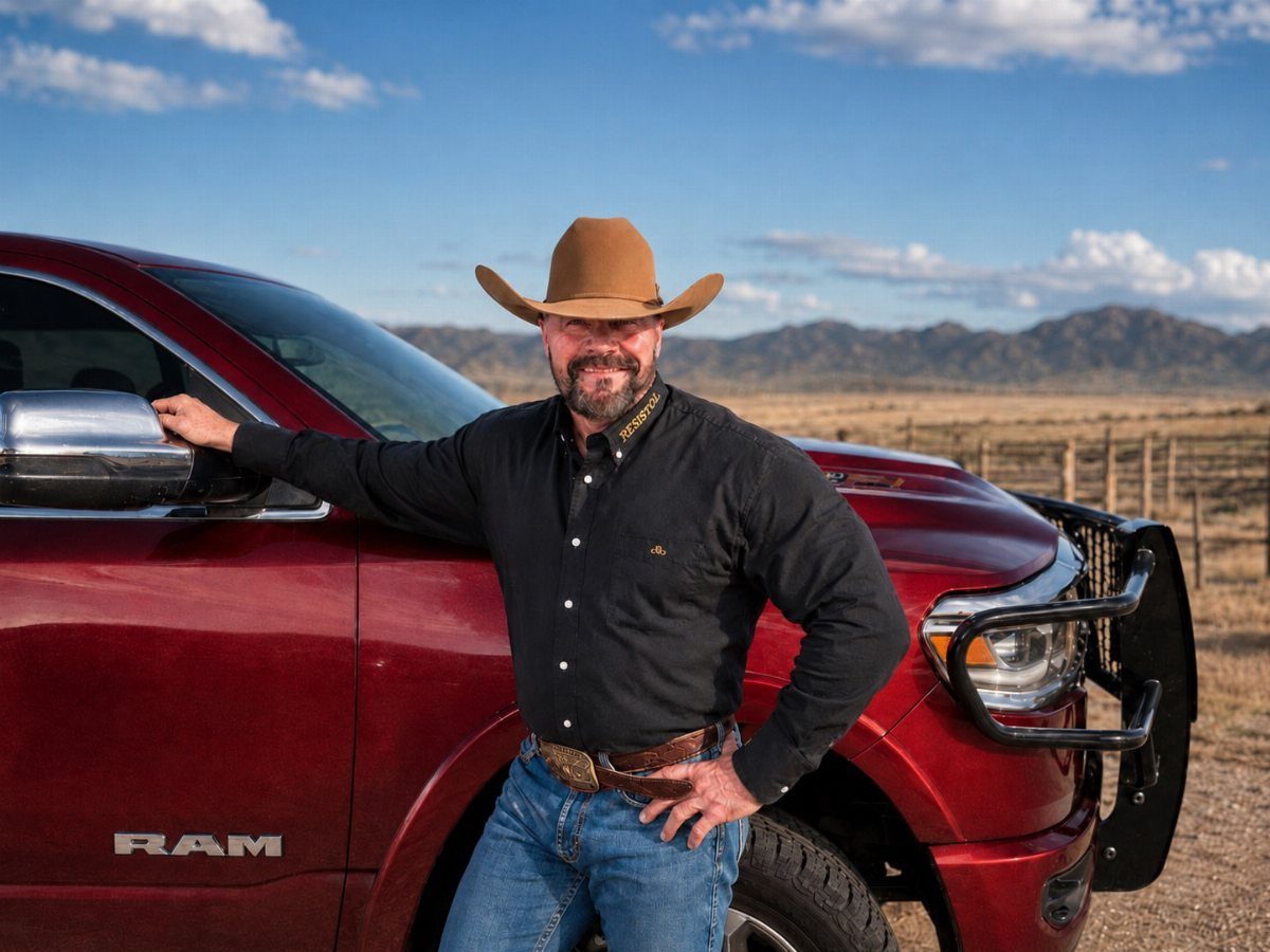 Bearded man in cowboy hat and black shirt leaning on red pickup truck.