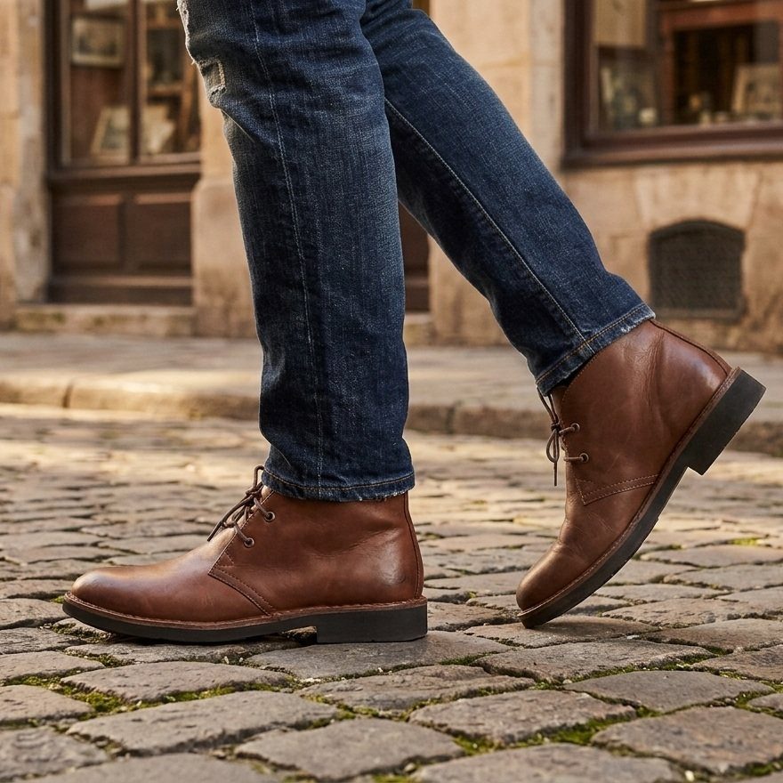Brown leather boots paired with dark blue denim jeans on a cobblestone street.