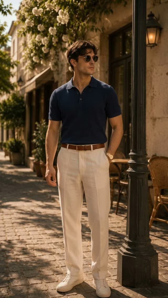 Man wearing navy polo shirt, white chinos, and white sneakers on cobblestone street