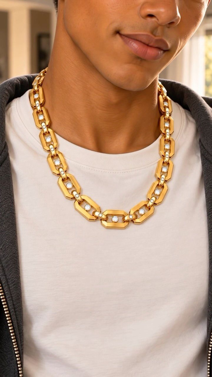 Gold chain necklace with rectangular links and white stones worn by a man
