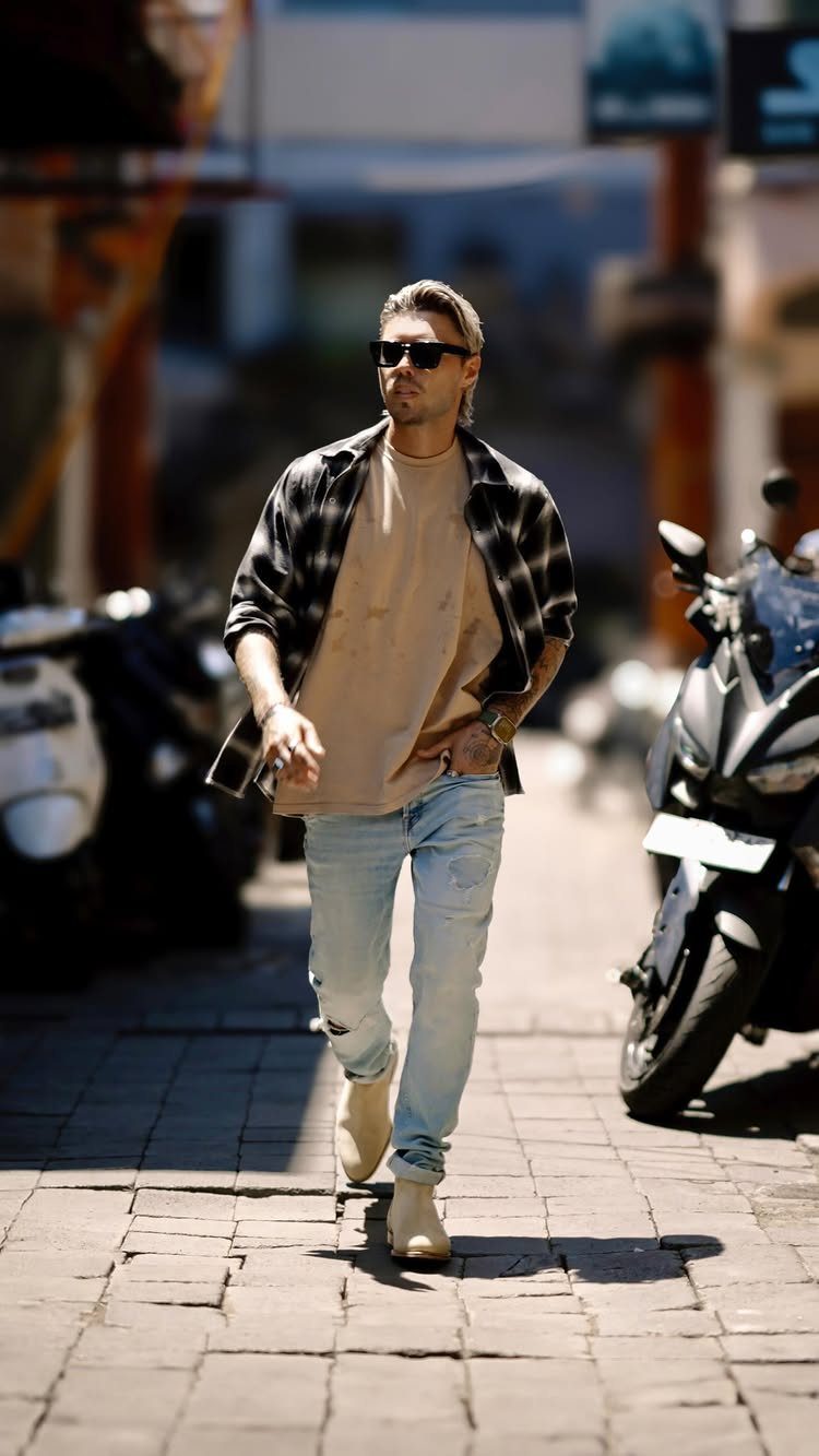 Man wearing a plaid casual shirt, light blue jeans, and tan Chelsea boots.