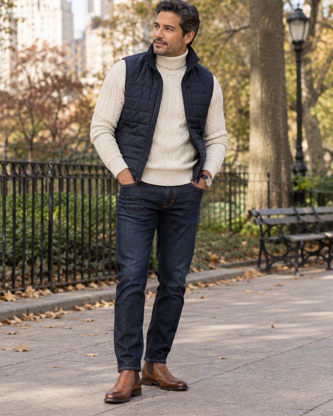 Man wearing a white turtleneck, navy vest, dark jeans, and brown Chelsea boots.