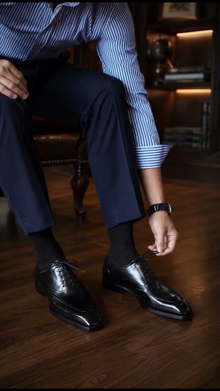 Black leather oxford shoes paired with navy blue trousers and a striped shirt.