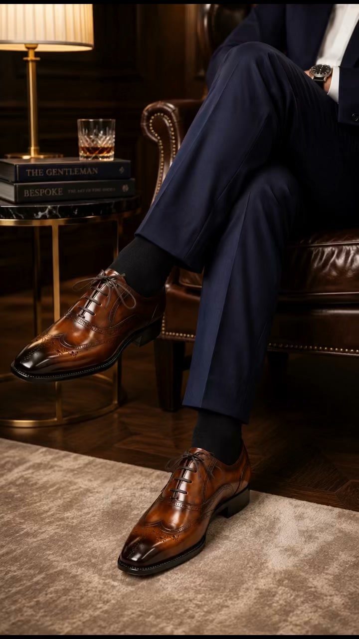 Brown leather oxford shoes paired with navy blue dress trousers and black socks.
