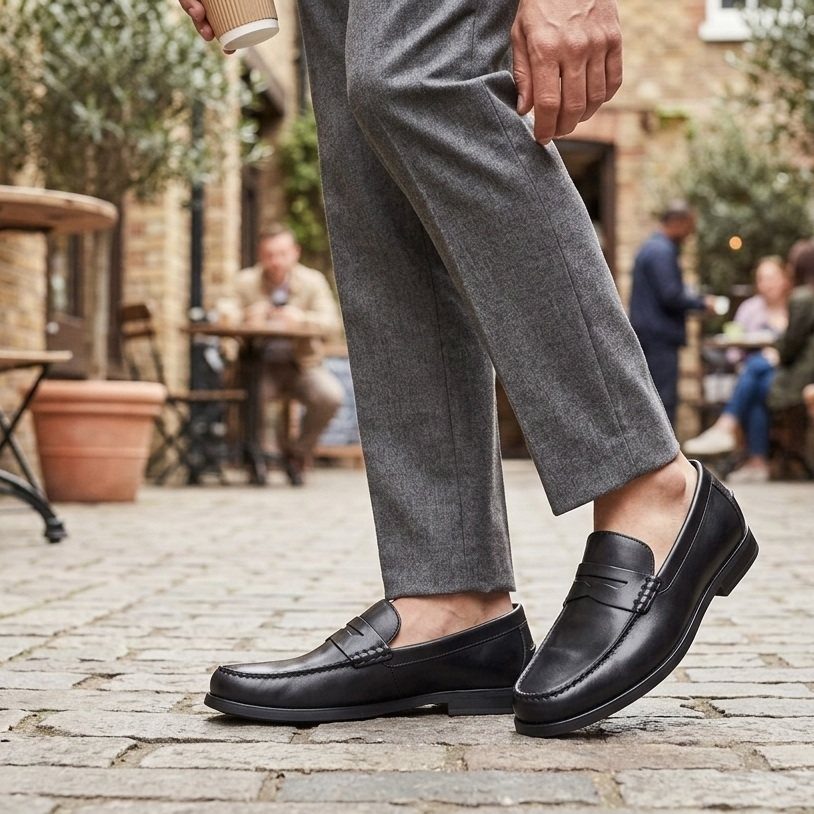 Black leather penny loafers paired with grey dress trousers on a cobblestone street