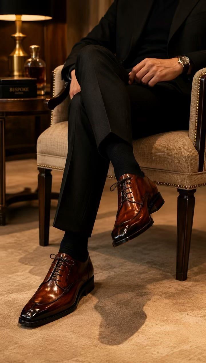 Man in black suit wearing polished deep red leather dress shoes sitting in armchair