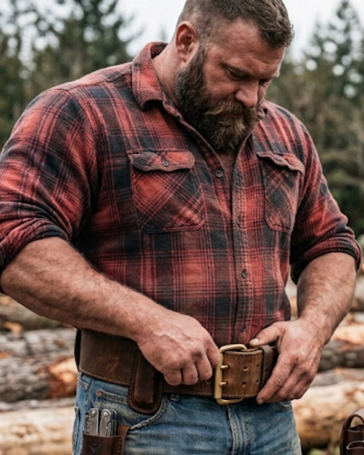 Bearded man wearing a red plaid flannel shirt and brown leather belt outdoors.