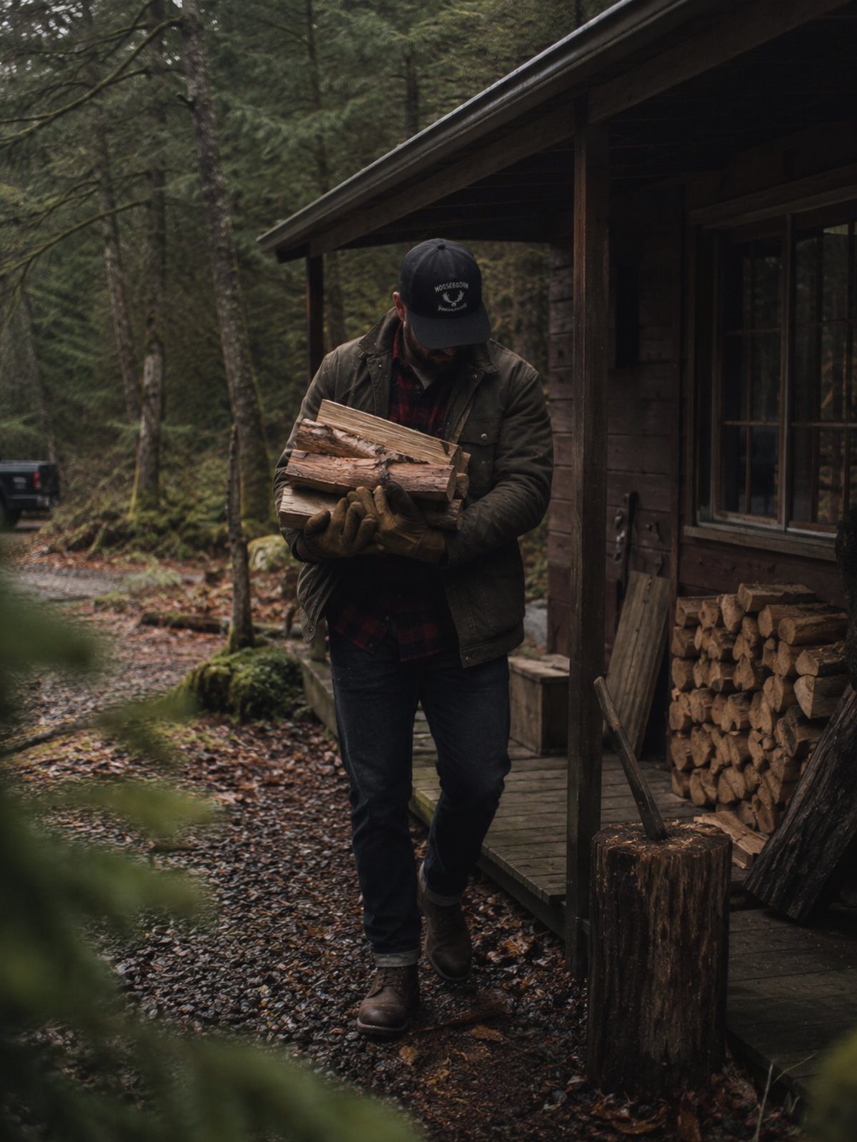 Man in rugged workwear carrying firewood outside a rustic wooden forest cabin.