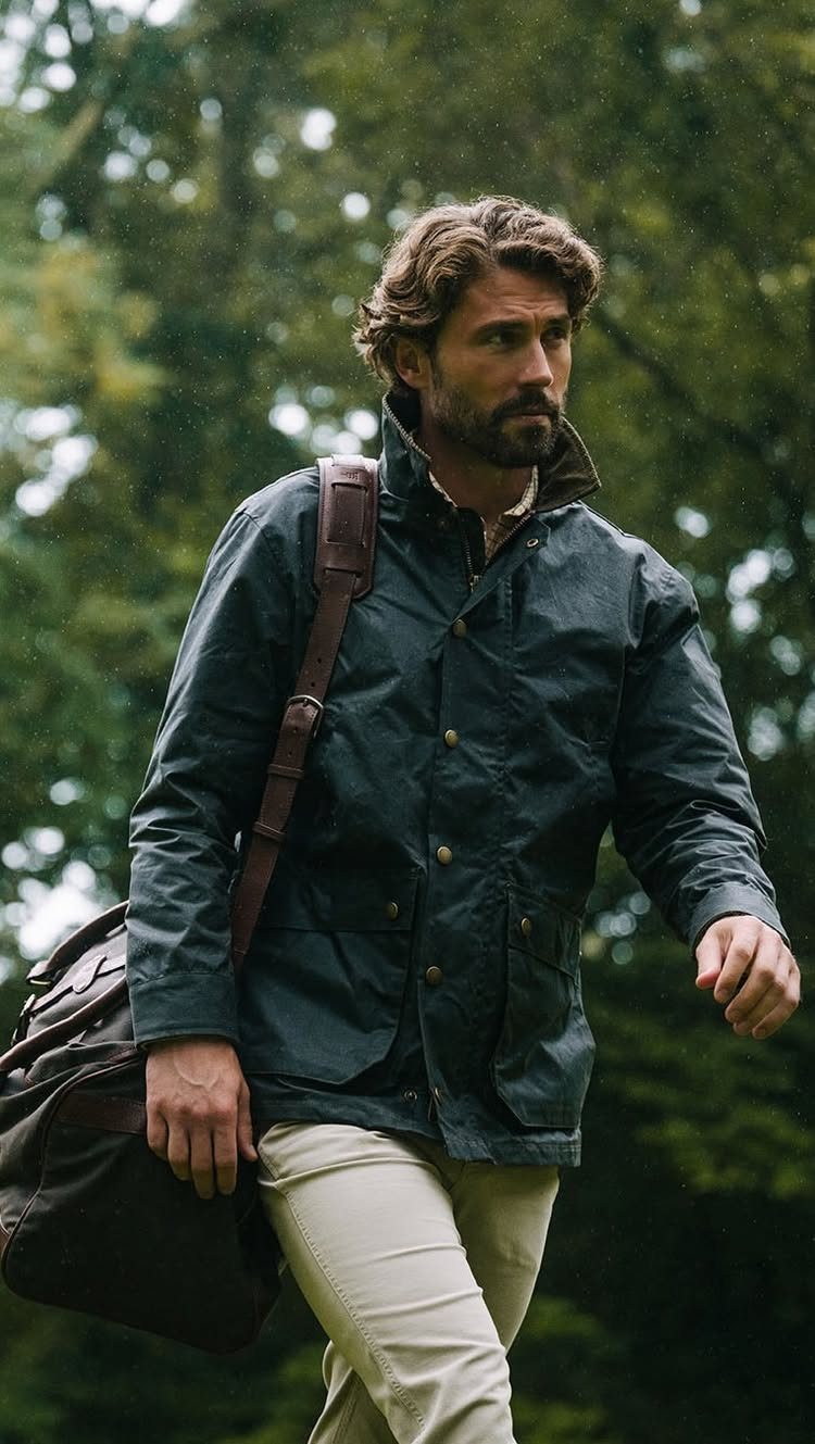 Bearded man wearing a dark green waxed jacket and beige trousers in woods
