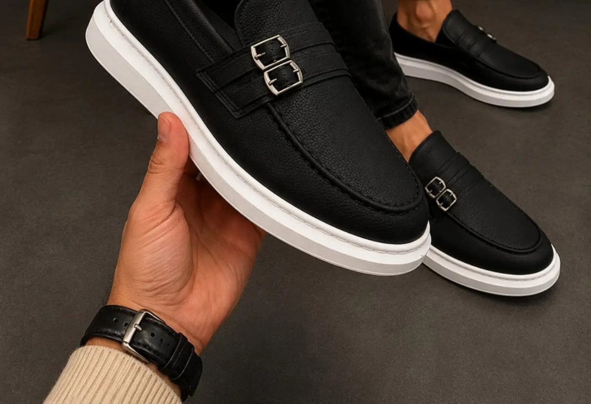 Black leather slip-on loafers with white soles and silver buckles worn with black jeans.