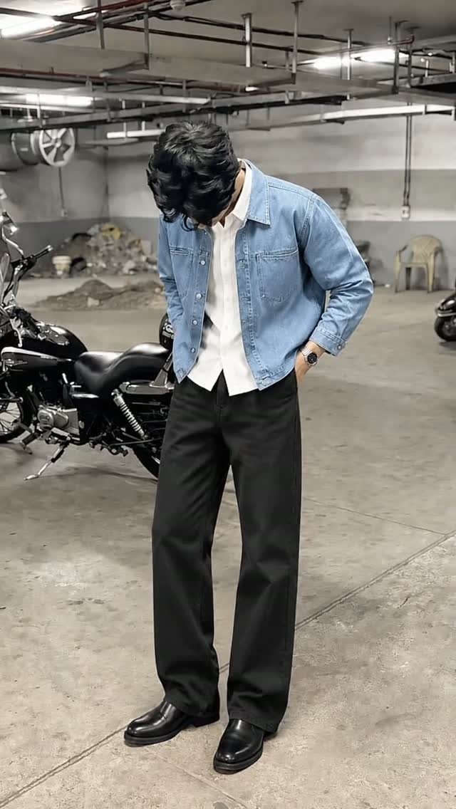 Man wearing a light blue denim jacket, white shirt, and black trousers.