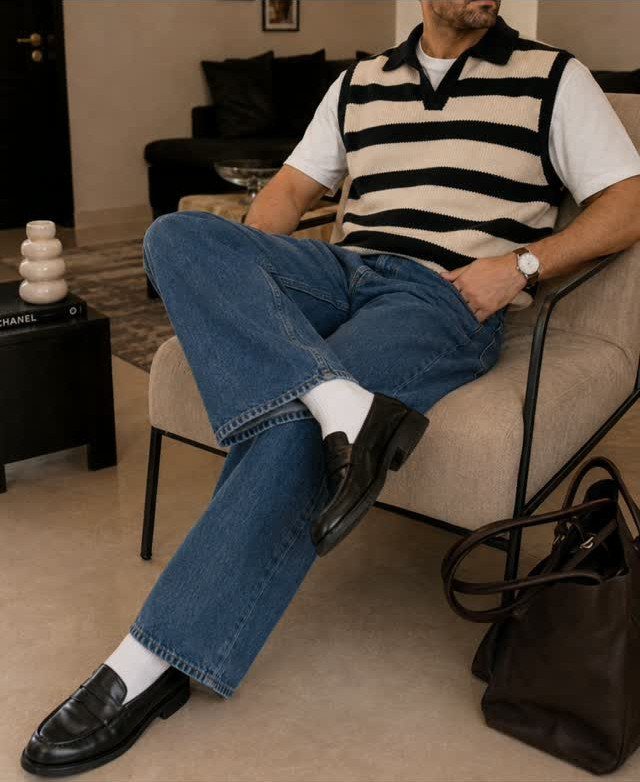 Man wearing black leather penny loafers with white socks and blue jeans.
