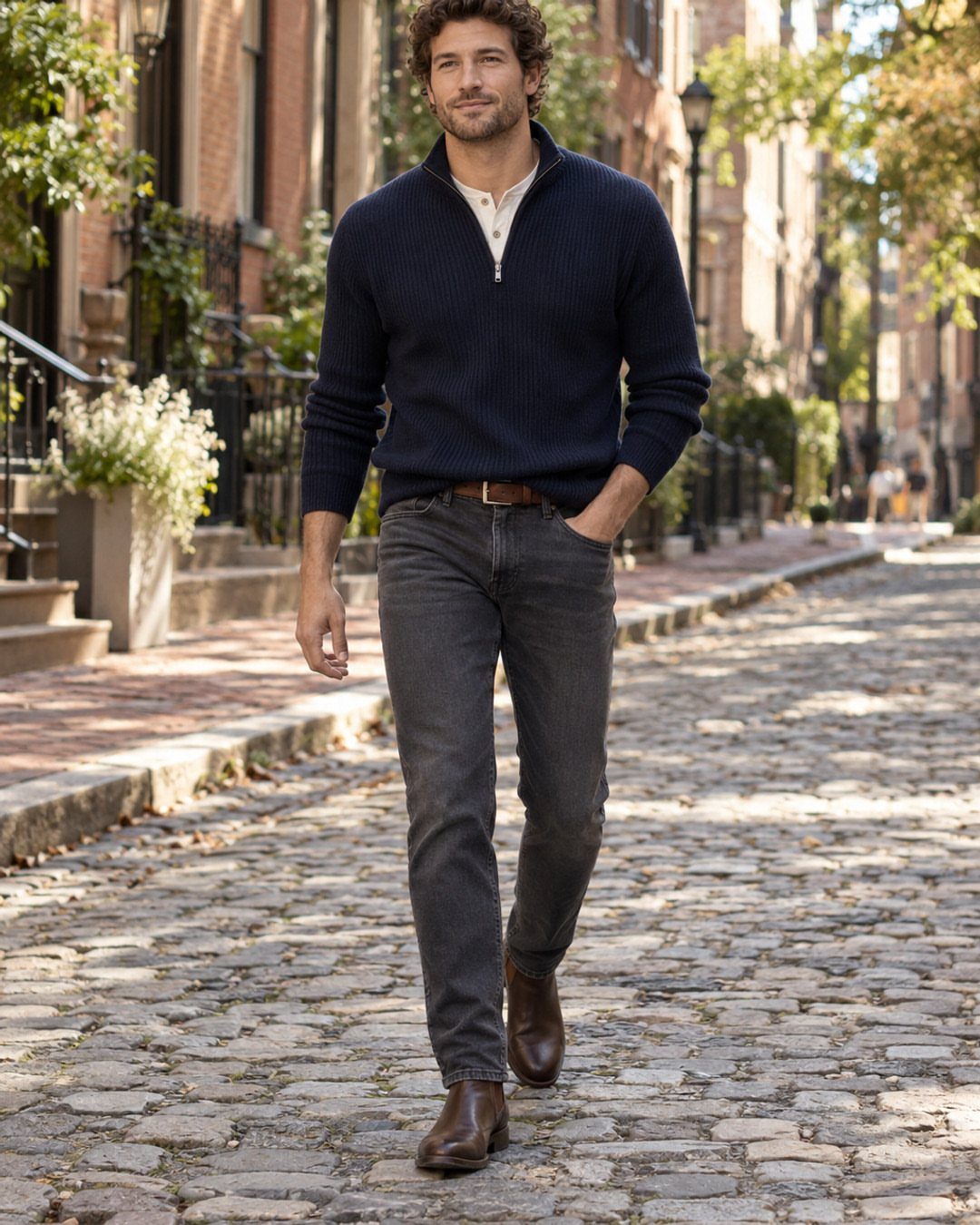 Man in navy ribbed sweater and grey trousers walking on cobblestone street