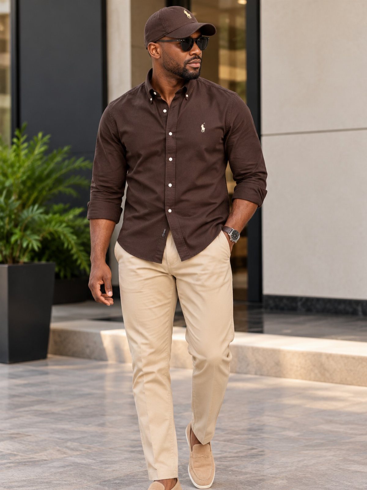 Man wearing a brown shirt, khaki chinos, and tan suede loafers outdoors.