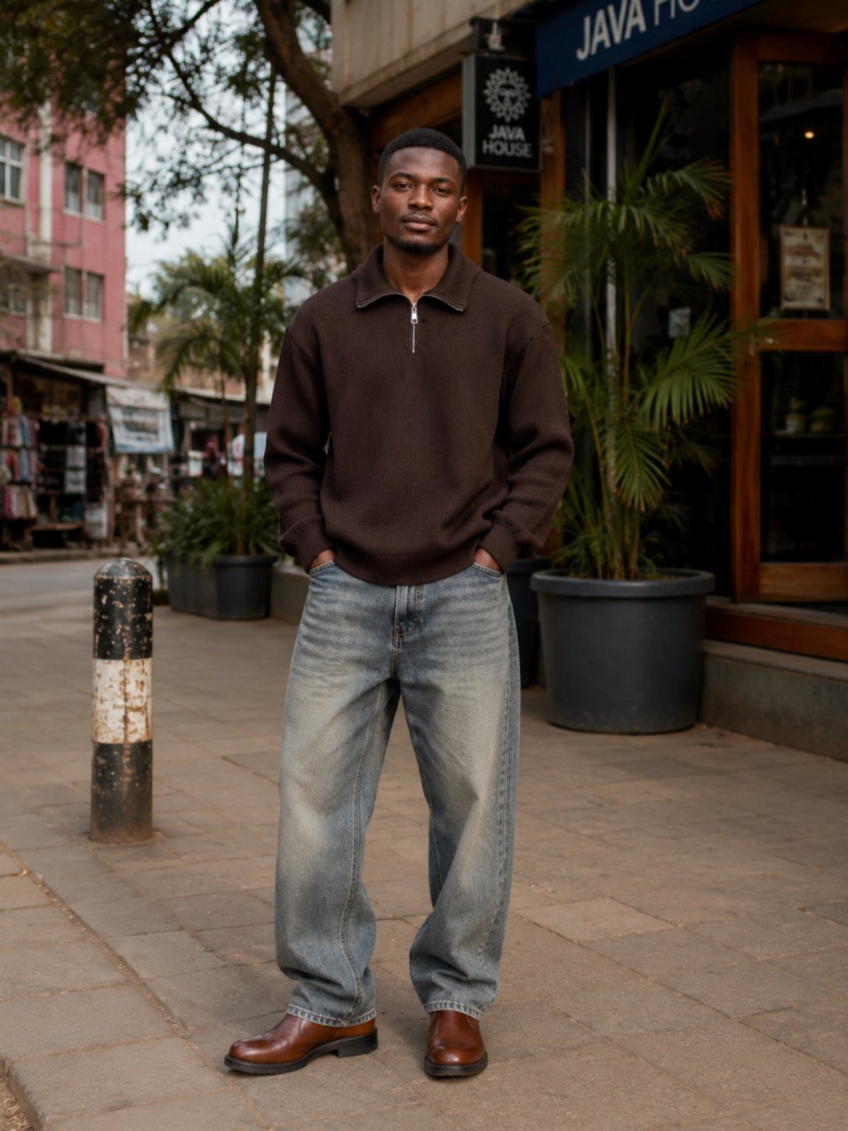Man wearing a brown quarter-zip sweater, light blue jeans, and brown leather shoes.