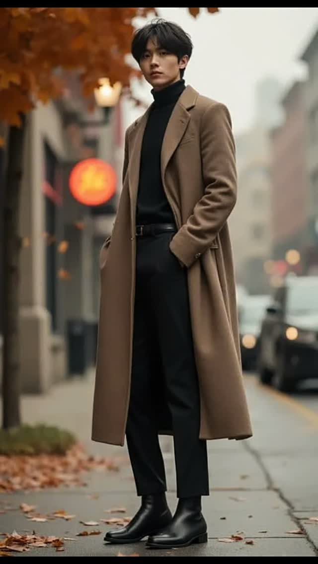 Man wearing a camel overcoat and black Chelsea boots on a city street